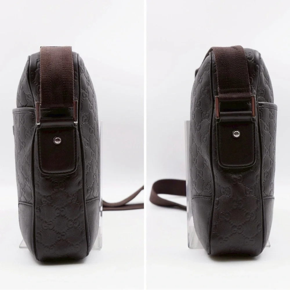 AUTHENTIC Gucci Dark Brown Embossed Leather Messenger Bag